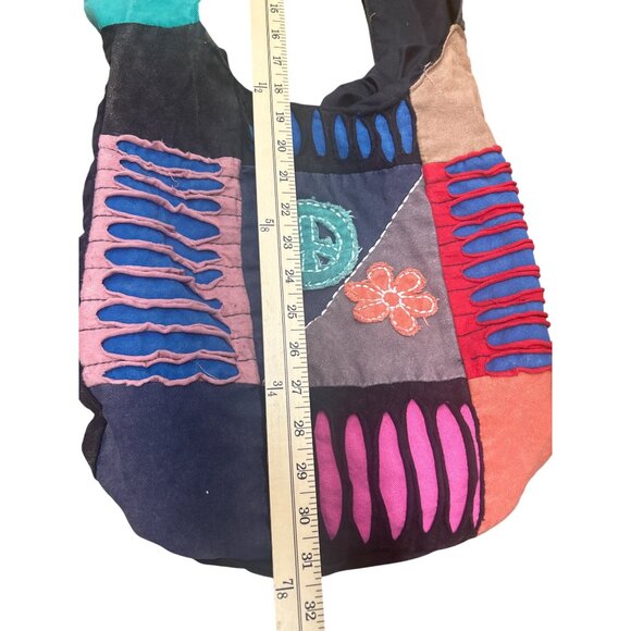 Handmade Patchwork Boho Sling Bag With Embroidered Peace & Flower Design Multico - Picture 2 of 6